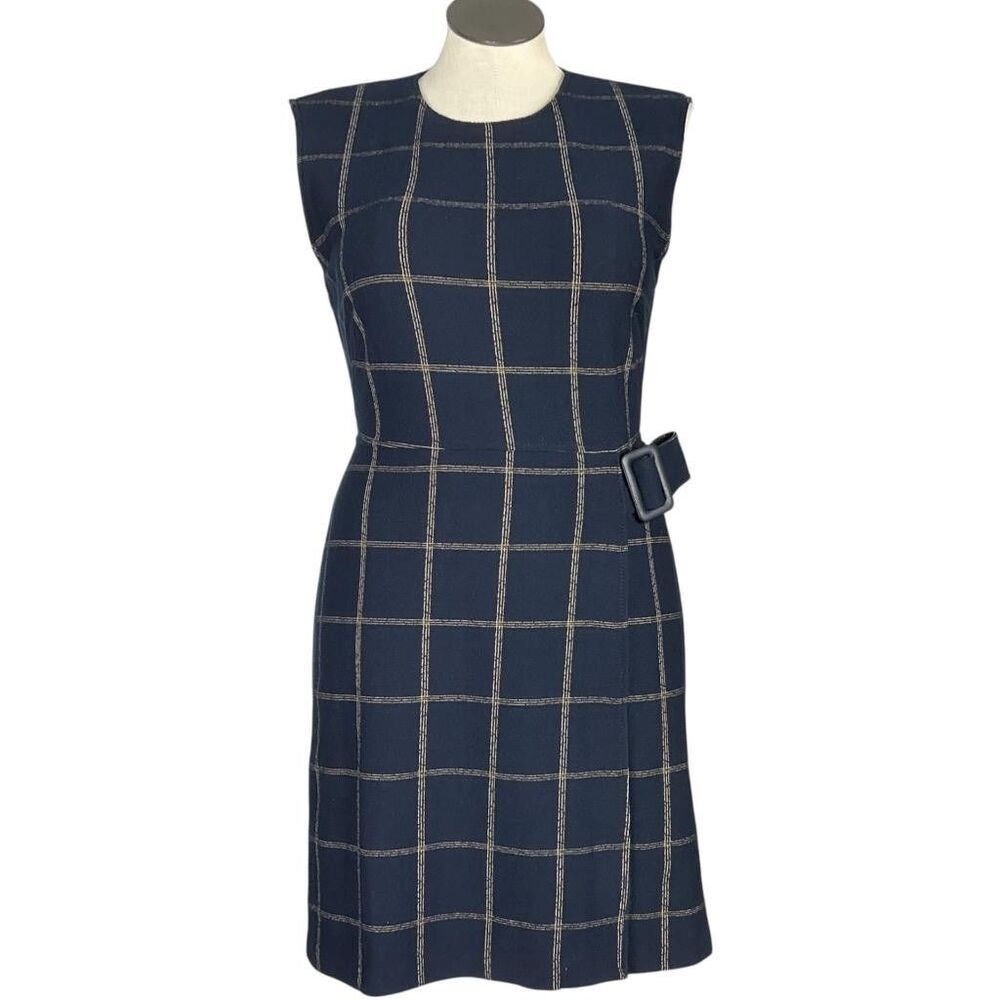 Calvin Klein Sheath Dress Women 12 Navy Blue Plaid Sleeveless Belt Business NEW